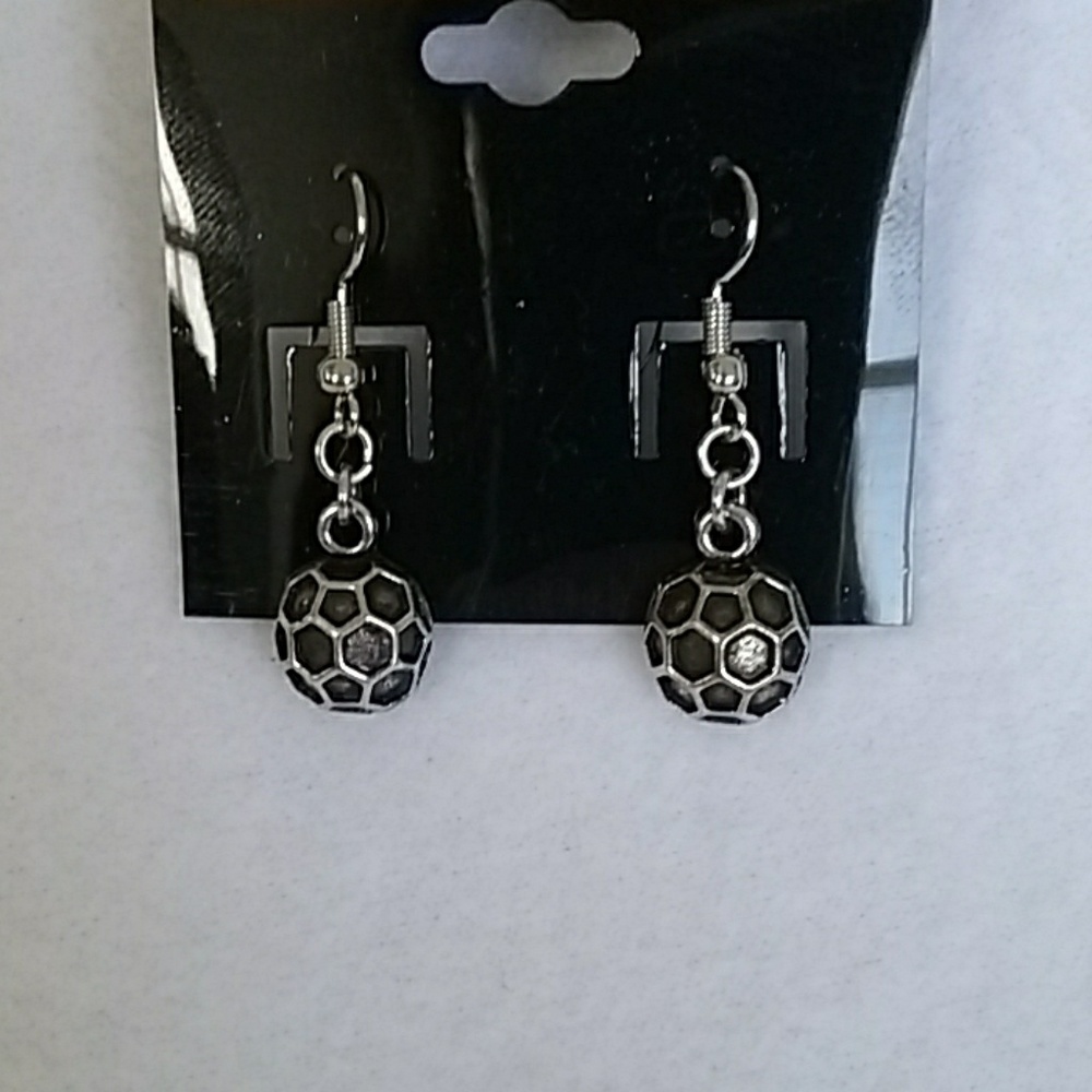 Womens silver soccer ball hook earrings